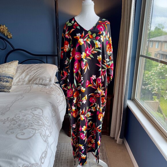 Natori Black Tropical Floral Satin Caftan Muumuu Dress - Picture 2 of 11